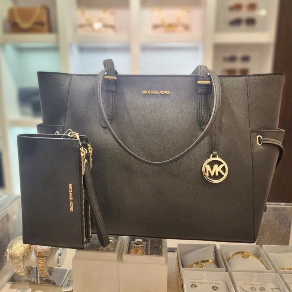 MICHAEL KORS GILLY LARGE TOTE SHOULDER BAG + WALLET SET IN BLACK NWT